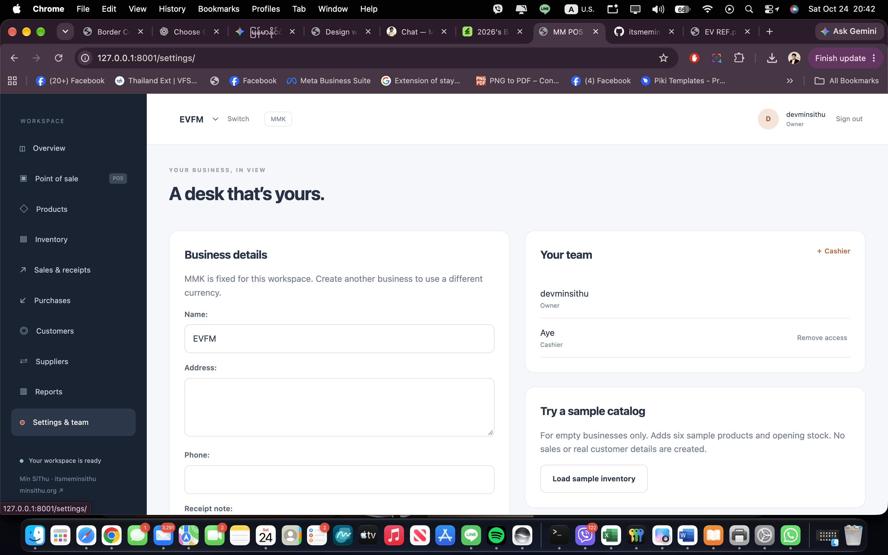 MM POS Desk settings and team
